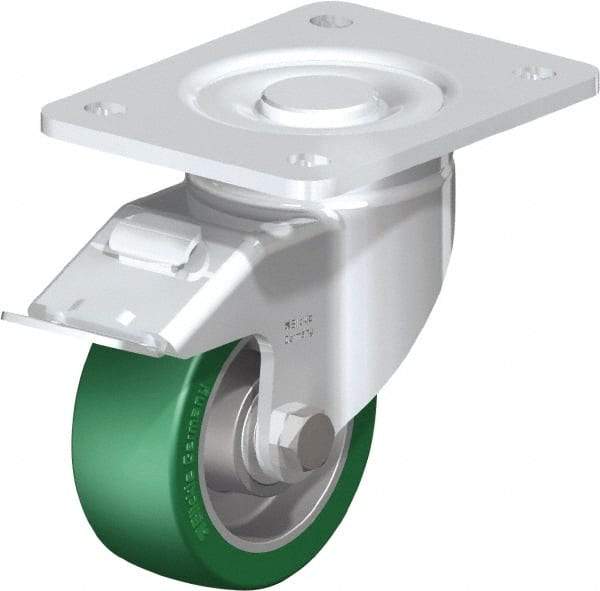 Blickle - 4" Diam x 1-9/16" Wide x 5-33/64" OAH Top Plate Mount Swivel Caster with Brake - Polyurethane-Elastomer Blickle Softhane, 660 Lb Capacity, Ball Bearing, 5-1/2 x 4-3/8" Plate - Apex Tool & Supply