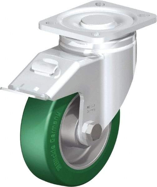 Blickle - 5" Diam x 1-9/16" Wide x 6-1/2" OAH Top Plate Mount Swivel Caster with Brake - Polyurethane-Elastomer Blickle Softhane, 770 Lb Capacity, Ball Bearing, 3-15/16 x 3-3/8" Plate - Apex Tool & Supply
