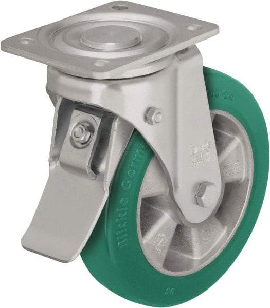 Blickle - 10" Diam x 2" Wide x 11-39/64" OAH Top Plate Mount Swivel Caster with Brake - Polyurethane-Elastomer Blickle Softhane, 1,760 Lb Capacity, Ball Bearing, 5-1/2 x 4-3/8" Plate - Apex Tool & Supply
