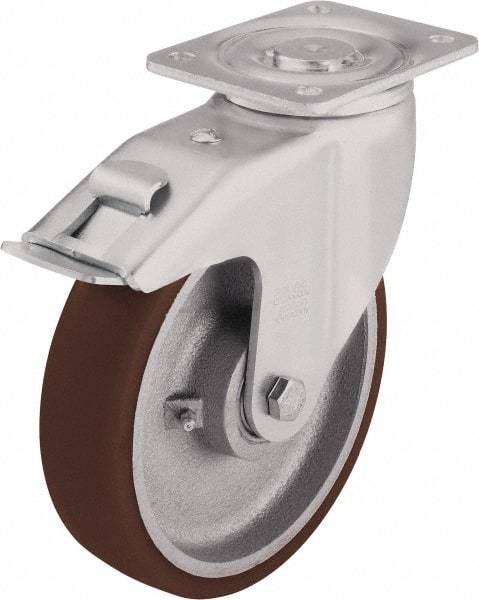 Blickle - 8" Diam x 2-35/64" Wide x 9-21/32" OAH Top Plate Mount Swivel Caster with Brake - Polyurethane-Elastomer Blickle Softhane, 1,980 Lb Capacity, Ball Bearing, 5-1/2 x 4-3/8" Plate - Apex Tool & Supply
