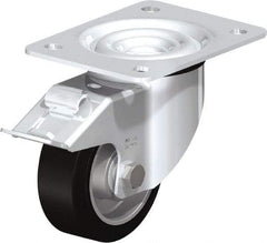 Blickle - 4" Diam x 1-37/64" Wide x 5-7/64" OAH Top Plate Mount Swivel Caster with Brake - Solid Rubber, 440 Lb Capacity, Ball Bearing, 5-1/2 x 4-3/8" Plate - Apex Tool & Supply