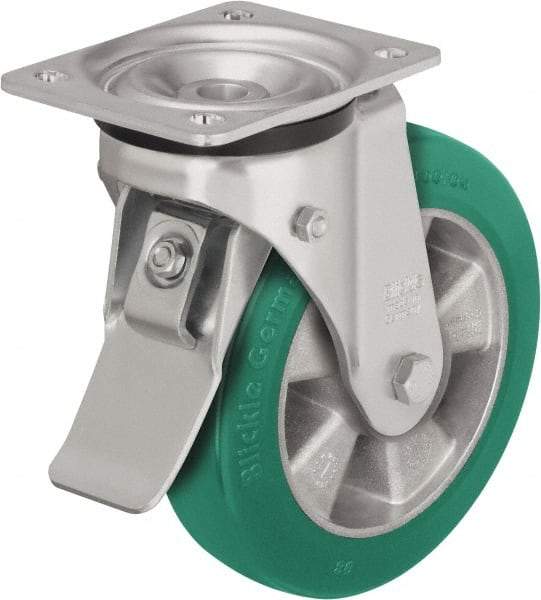 Blickle - 6" Diam x 2-1/8" Wide x 7-3/4" OAH Top Plate Mount Swivel Caster with Brake - Polyurethane-Elastomer Blickle Softhane, 1,100 Lb Capacity, Ball Bearing, 5-1/2 x 4-3/8" Plate - Apex Tool & Supply