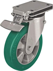 Blickle - 8" Diam x 2" Wide x 10-5/16" OAH Top Plate Mount Swivel Caster with Brake - Polyurethane-Elastomer Blickle Softhane, 1,320 Lb Capacity, Ball Bearing, 5-1/2 x 4-3/8" Plate - Apex Tool & Supply