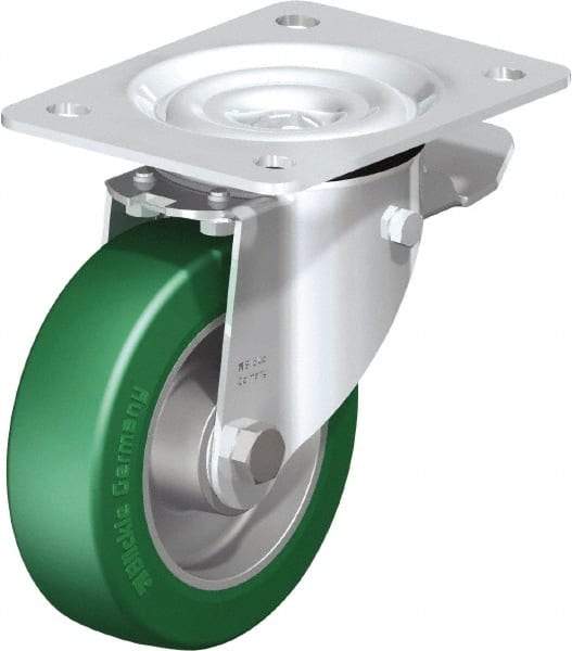 Blickle - 5" Diam x 1-37/64" Wide x 6-7/64" OAH Top Plate Mount Swivel Caster with Brake - Polyurethane-Elastomer Blickle Softhane, 770 Lb Capacity, Ball Bearing, 5-1/2 x 4-3/8" Plate - Apex Tool & Supply