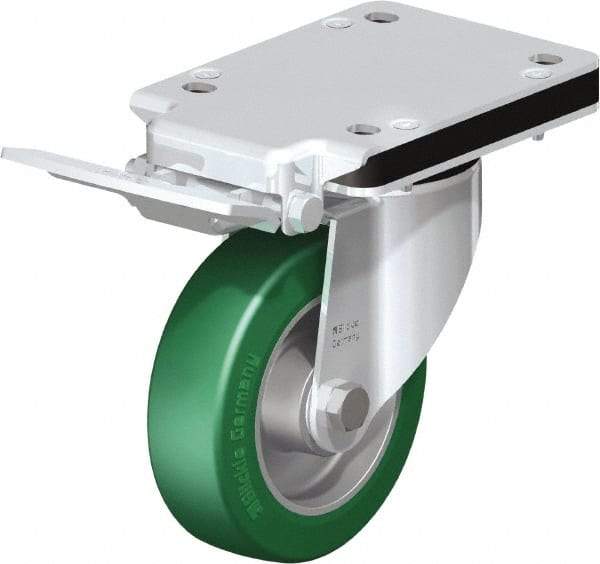 Blickle - 5" Diam x 1-37/64" Wide x 10-5/16" OAH Top Plate Mount Swivel Caster with Brake - Polyurethane-Elastomer Blickle Softhane, 770 Lb Capacity, Ball Bearing, 5-1/2 x 4-3/8" Plate - Apex Tool & Supply