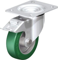 Blickle - 5" Diam x 1-37/64" Wide x 6-7/64" OAH Top Plate Mount Swivel Caster with Brake - Polyurethane-Elastomer Blickle Softhane, 770 Lb Capacity, Ball Bearing, 5-1/2 x 4-3/8" Plate - Apex Tool & Supply