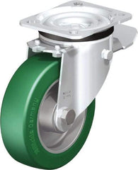 Blickle - 5" Diam x 1-37/64" Wide x 6-7/64" OAH Top Plate Mount Swivel Caster with Brake - Polyurethane-Elastomer Blickle Softhane, 770 Lb Capacity, Ball Bearing, 3-15/16 x 3-3/8" Plate - Apex Tool & Supply