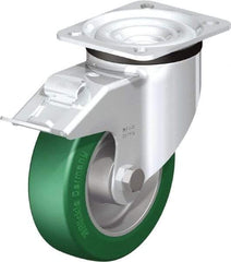 Blickle - 5" Diam x 1-37/64" Wide x 6-7/64" OAH Top Plate Mount Swivel Caster with Brake - Polyurethane-Elastomer Blickle Softhane, 770 Lb Capacity, Ball Bearing, 3-15/16 x 3-3/8" Plate - Apex Tool & Supply