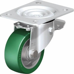 Blickle - 4" Diam x 1-37/64" Wide x 5-7/64" OAH Top Plate Mount Swivel Caster with Brake - Polyurethane-Elastomer Blickle Softhane, 660 Lb Capacity, Ball Bearing, 5-1/2 x 4-3/8" Plate - Apex Tool & Supply