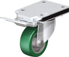 Blickle - 4" Diam x 1-37/64" Wide x 10-5/16" OAH Top Plate Mount Swivel Caster with Brake - Polyurethane-Elastomer Blickle Softhane, 660 Lb Capacity, Ball Bearing, 5-1/2 x 4-3/8" Plate - Apex Tool & Supply