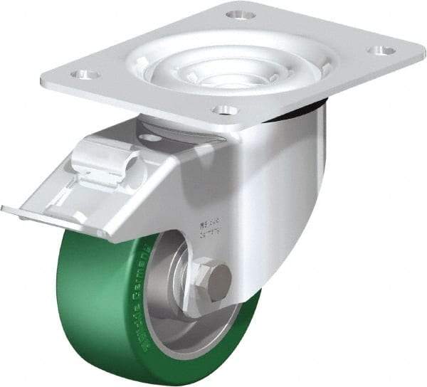 Blickle - 4" Diam x 1-37/64" Wide x 5-7/64" OAH Top Plate Mount Swivel Caster with Brake - Polyurethane-Elastomer Blickle Softhane, 660 Lb Capacity, Ball Bearing, 5-1/2 x 4-3/8" Plate - Apex Tool & Supply