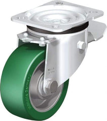 Blickle - 4" Diam x 1-37/64" Wide x 5-7/64" OAH Top Plate Mount Swivel Caster with Brake - Polyurethane-Elastomer Blickle Softhane, 660 Lb Capacity, Ball Bearing, 3-15/16 x 3-3/8" Plate - Apex Tool & Supply