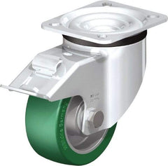 Blickle - 4" Diam x 1-37/64" Wide x 5-7/64" OAH Top Plate Mount Swivel Caster with Brake - Polyurethane-Elastomer Blickle Softhane, 660 Lb Capacity, Ball Bearing, 3-15/16 x 3-3/8" Plate - Apex Tool & Supply