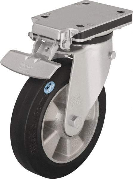 Blickle - 6-1/2" Diam x 1-31/32" Wide x 8-5/8" OAH Top Plate Mount Swivel Caster with Brake - Solid Rubber, 880 Lb Capacity, Ball Bearing, 5-1/2 x 4-3/8" Plate - Apex Tool & Supply