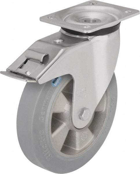 Blickle - 6-1/2" Diam x 1-31/32" Wide x 7-61/64" OAH Top Plate Mount Swivel Caster with Brake - Solid Rubber, 880 Lb Capacity, Ball Bearing, 5-1/2 x 4-3/8" Plate - Apex Tool & Supply