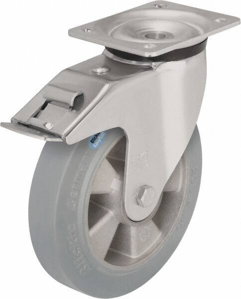 Blickle - 5" Diam x 1-31/32" Wide x 6-11/16" OAH Top Plate Mount Swivel Caster with Brake - Solid Rubber, 594 Lb Capacity, Ball Bearing, 5-1/2 x 4-3/8" Plate - Apex Tool & Supply