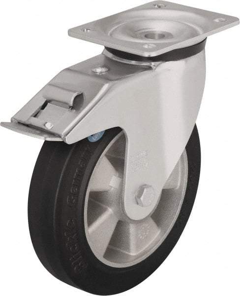 Blickle - 6-1/2" Diam x 1-31/32" Wide x 7-61/64" OAH Top Plate Mount Swivel Caster with Brake - Solid Rubber, 880 Lb Capacity, Ball Bearing, 5-1/2 x 4-3/8" Plate - Apex Tool & Supply