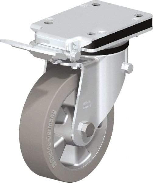 Blickle - 6-1/2" Diam x 1-31/32" Wide x 8-5/8" OAH Top Plate Mount Swivel Caster with Brake - Solid Rubber, 880 Lb Capacity, Ball Bearing, 5-1/2 x 4-3/8" Plate - Apex Tool & Supply
