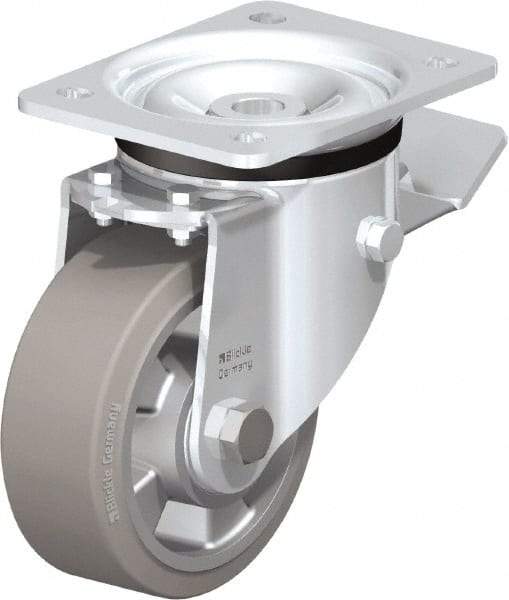 Blickle - 5" Diam x 1-31/32" Wide x 6-11/16" OAH Top Plate Mount Swivel Caster with Brake - Solid Rubber, 594 Lb Capacity, Ball Bearing, 5-1/2 x 4-3/8" Plate - Apex Tool & Supply