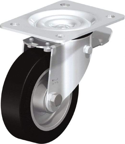 Blickle - 5" Diam x 1-37/64" Wide x 6-7/64" OAH Top Plate Mount Swivel Caster with Brake - Solid Rubber, 550 Lb Capacity, Ball Bearing, 5-1/2 x 4-3/8" Plate - Apex Tool & Supply