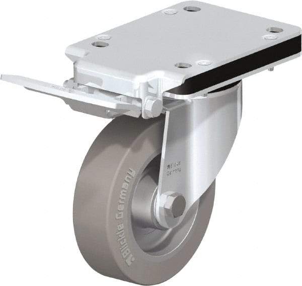 Blickle - 5" Diam x 1-37/64" Wide x 7-49/64" OAH Top Plate Mount Swivel Caster with Brake - Solid Rubber, 550 Lb Capacity, Ball Bearing, 5-1/2 x 4-3/8" Plate - Apex Tool & Supply
