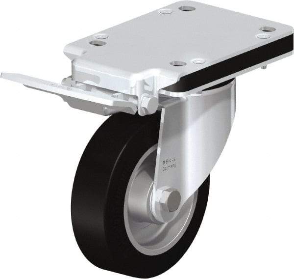 Blickle - 5" Diam x 1-37/64" Wide x 7-49/64" OAH Top Plate Mount Swivel Caster with Brake - Solid Rubber, 550 Lb Capacity, Ball Bearing, 5-1/2 x 4-3/8" Plate - Apex Tool & Supply