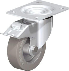 Blickle - 5" Diam x 1-37/64" Wide x 6-7/64" OAH Top Plate Mount Swivel Caster with Brake - Solid Rubber, 550 Lb Capacity, Ball Bearing, 5-1/2 x 4-3/8" Plate - Apex Tool & Supply