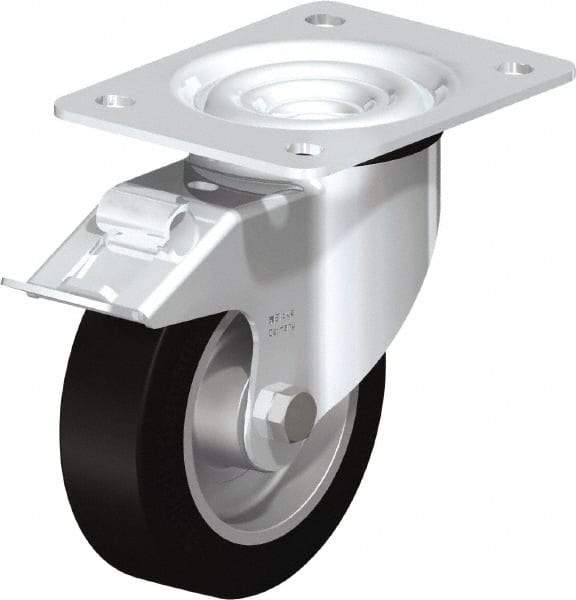 Blickle - 5" Diam x 1-37/64" Wide x 6-7/64" OAH Top Plate Mount Swivel Caster with Brake - Solid Rubber, 550 Lb Capacity, Ball Bearing, 5-1/2 x 4-3/8" Plate - Apex Tool & Supply