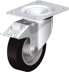 Blickle - 5" Diam x 1-37/64" Wide x 6-7/64" OAH Top Plate Mount Swivel Caster with Brake - Solid Rubber, 550 Lb Capacity, Ball Bearing, 5-1/2 x 4-3/8" Plate - Apex Tool & Supply