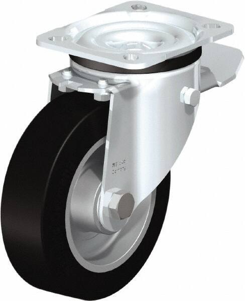 Blickle - 5" Diam x 1-37/64" Wide x 6-7/64" OAH Top Plate Mount Swivel Caster with Brake - Solid Rubber, 550 Lb Capacity, Ball Bearing, 3-15/16 x 3-3/8" Plate - Apex Tool & Supply