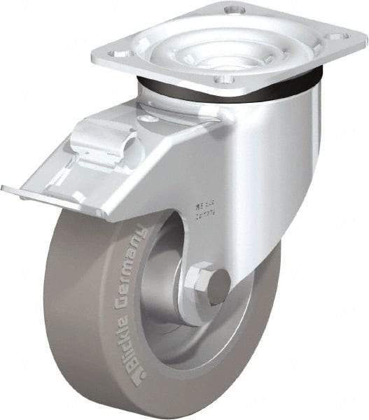 Blickle - 5" Diam x 1-37/64" Wide x 6-7/64" OAH Top Plate Mount Swivel Caster with Brake - Solid Rubber, 550 Lb Capacity, Ball Bearing, 3-15/16 x 3-3/8" Plate - Apex Tool & Supply