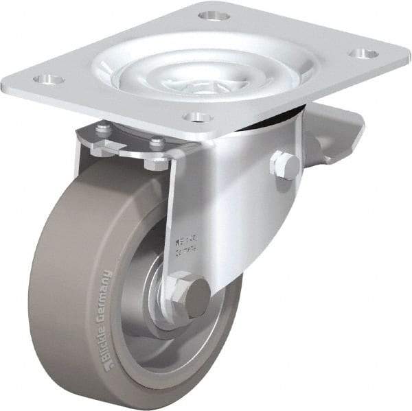 Blickle - 4" Diam x 1-37/64" Wide x 5-7/64" OAH Top Plate Mount Swivel Caster with Brake - Solid Rubber, 440 Lb Capacity, Ball Bearing, 5-1/2 x 4-3/8" Plate - Apex Tool & Supply