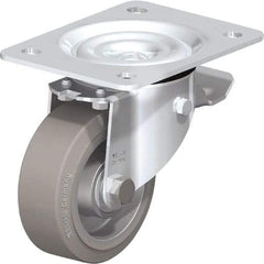 Blickle - 4" Diam x 1-37/64" Wide x 5-7/64" OAH Top Plate Mount Swivel Caster with Brake - Solid Rubber, 440 Lb Capacity, Ball Bearing, 5-1/2 x 4-3/8" Plate - Apex Tool & Supply