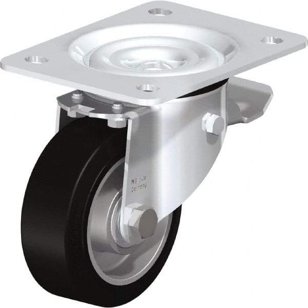 Blickle - 4" Diam x 1-37/64" Wide x 5-7/64" OAH Top Plate Mount Swivel Caster with Brake - Solid Rubber, 440 Lb Capacity, Ball Bearing, 5-1/2 x 4-3/8" Plate - Apex Tool & Supply