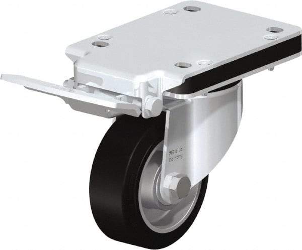 Blickle - 4" Diam x 1-37/64" Wide x 5-5/32" OAH Top Plate Mount Swivel Caster with Brake - Solid Rubber, 440 Lb Capacity, Ball Bearing, 5-1/2 x 4-3/8" Plate - Apex Tool & Supply