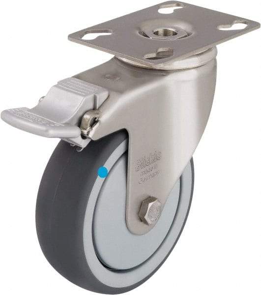 Blickle - 3" Diam x 1-1/4" Wide x 4-3/8" OAH Top Plate Mount Swivel Caster with Brake - Thermoplastic Rubber Elastomer (TPE), 220 Lb Capacity, Ball Bearing, 3-9/16 x 2-5/8" Plate - Apex Tool & Supply