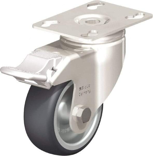 Blickle - 3" Diam x 1-1/4" Wide x 4-3/8" OAH Top Plate Mount Swivel Caster with Brake - Thermoplastic Rubber Elastomer (TPE), 220 Lb Capacity, Plain Bore Bearing, 3-9/16 x 2-5/8" Plate - Apex Tool & Supply
