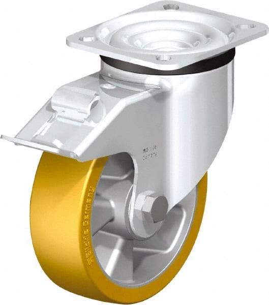Blickle - 5" Diam x 1-9/16" Wide x 6-7/64" OAH Top Plate Mount Swivel Caster with Brake - Polyurethane-Elastomer Blickle Extrathane, 770 Lb Capacity, Ball Bearing, 3-15/16 x 3-3/8" Plate - Apex Tool & Supply