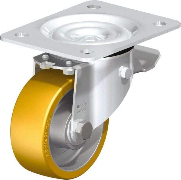 Blickle - 4" Diam x 1-9/16" Wide x 5-7/64" OAH Top Plate Mount Swivel Caster with Brake - Polyurethane-Elastomer Blickle Extrathane, 550 Lb Capacity, Ball Bearing, 5-1/2 x 4-3/8" Plate - Apex Tool & Supply