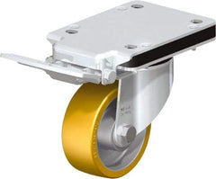 Blickle - 4" Diam x 1-9/16" Wide x 5-25/32" OAH Top Plate Mount Swivel Caster with Brake - Polyurethane-Elastomer Blickle Extrathane, 550 Lb Capacity, Ball Bearing, 5-1/2 x 4-3/8" Plate - Apex Tool & Supply