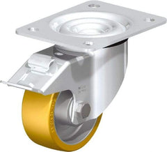 Blickle - 4" Diam x 1-9/16" Wide x 5-7/64" OAH Top Plate Mount Swivel Caster with Brake - Polyurethane-Elastomer Blickle Extrathane, 550 Lb Capacity, Ball Bearing, 5-1/2 x 4-3/8" Plate - Apex Tool & Supply