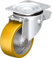 Blickle - 4" Diam x 1-9/16" Wide x 5-7/64" OAH Top Plate Mount Swivel Caster with Brake - Polyurethane-Elastomer Blickle Extrathane, 550 Lb Capacity, Ball Bearing, 3-15/16 x 3-3/8" Plate - Apex Tool & Supply