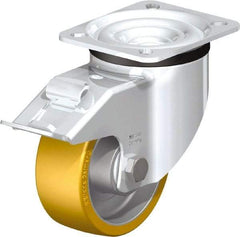 Blickle - 4" Diam x 1-9/16" Wide x 5-7/64" OAH Top Plate Mount Swivel Caster with Brake - Polyurethane-Elastomer Blickle Extrathane, 550 Lb Capacity, Ball Bearing, 3-15/16 x 3-3/8" Plate - Apex Tool & Supply