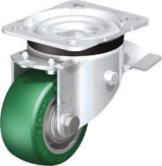 Blickle - 3" Diam x 1-9/16" Wide x 4-21/64" OAH Top Plate Mount Swivel Caster with Brake - Polyurethane-Elastomer Blickle Softhane, 506 Lb Capacity, Ball Bearing, 3-15/16 x 3-3/8" Plate - Apex Tool & Supply