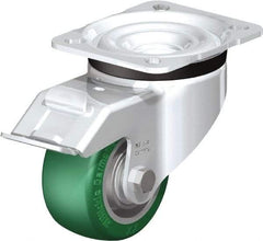 Blickle - 3" Diam x 1-9/16" Wide x 4-21/64" OAH Top Plate Mount Swivel Caster with Brake - Polyurethane-Elastomer Blickle Softhane, 506 Lb Capacity, Ball Bearing, 3-15/16 x 3-3/8" Plate - Apex Tool & Supply