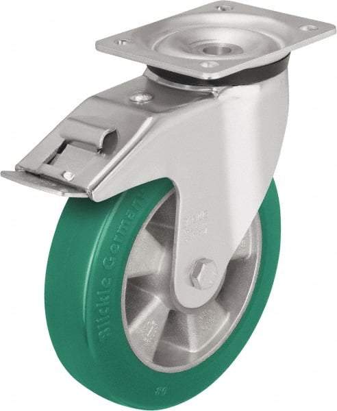 Blickle - 8" Diam x 2" Wide x 9-21/32" OAH Top Plate Mount Swivel Caster with Brake - Polyurethane-Elastomer Blickle Softhane, 1,320 Lb Capacity, Ball Bearing, 5-1/2 x 4-3/8" Plate - Apex Tool & Supply