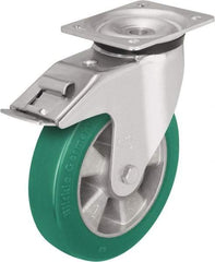 Blickle - 8" Diam x 2" Wide x 9-21/32" OAH Top Plate Mount Swivel Caster with Brake - Polyurethane-Elastomer Blickle Softhane, 1,320 Lb Capacity, Ball Bearing, 5-1/2 x 4-3/8" Plate - Apex Tool & Supply
