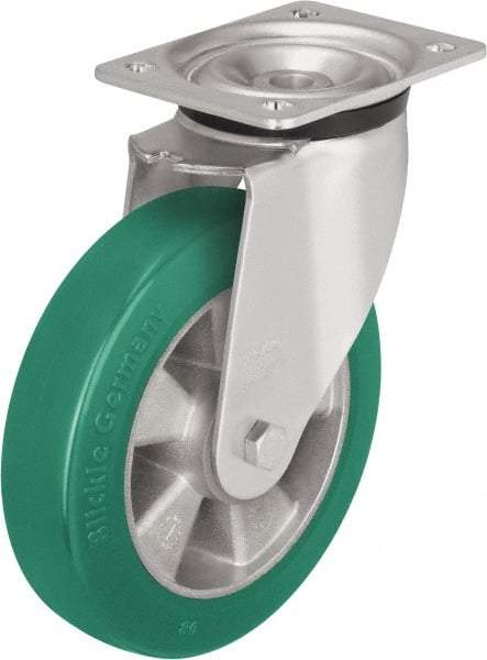 Blickle - 8" Diam x 2" Wide x 9-21/32" OAH Top Plate Mount Swivel Caster - Polyurethane-Elastomer Blickle Softhane, 1,320 Lb Capacity, Ball Bearing, 5-1/2 x 4-3/8" Plate - Apex Tool & Supply