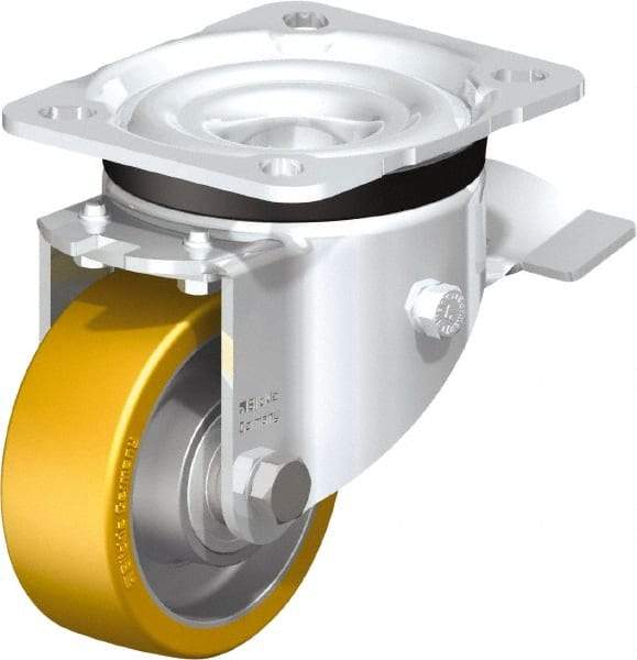 Blickle - 3" Diam x 1-11/64" Wide x 4-21/64" OAH Top Plate Mount Swivel Caster with Brake - Polyurethane-Elastomer Blickle Extrathane, 396 Lb Capacity, Ball Bearing, 3-15/16 x 3-3/8" Plate - Apex Tool & Supply