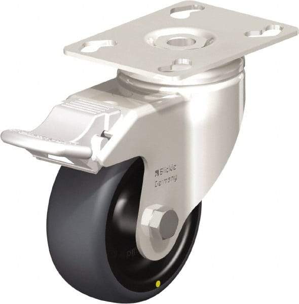 Blickle - 3" Diam x 1-1/4" Wide x 4-3/8" OAH Top Plate Mount Swivel Caster with Brake - Thermoplastic Rubber Elastomer (TPE), 143 Lb Capacity, Plain Bore Bearing, 3-9/16 x 2-5/8" Plate - Apex Tool & Supply